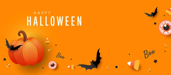 Feliz Banner Halloween Calabaza Naranja Caramelos Color Grandes Eye Bats — Vector de stock