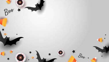 Cadılar Bayramı partisi sınırında renkli şeker, göz küresi, gri arka planda yarasalar. Yatay tatil posteri, web sitesi başlığı. Düz konum, kopyalama alanı olan üst görünüm. Vektör illüstrasyonu.