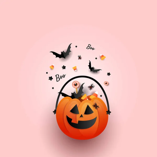 Cubo Halloween Jack Linterna Con Caramelos Murciélagos Araña Sobre Fondo — Vector de stock
