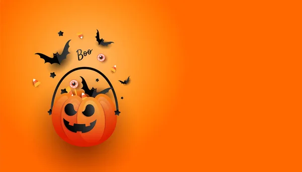 Halloween Jack Lanterna Secchio Traboccante Caramelle Pipistrelli Ragno Sfondo Arancione — Vettoriale Stock