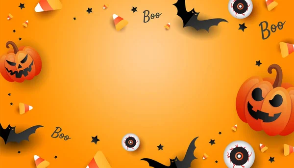 Halloween Mockup Design Keret Sütőtök Színes Cukorka Nagy Szem Denevérek — Stock Vector