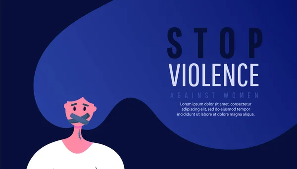 停止暴力侵害妇女行为的认识概念 忧郁的女孩 嘴巴紧闭 身体上有伤痕 背带蓝色的文字 — 图库矢量图片