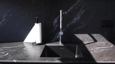 Pürüzsüz, paslanmaz çelik bir mutfak musluğu ve koyu mermer bir tezgaha takılmış siyah bir lavabo. Yakınlara bir rulo kağıt havlu konur ve güneş ışığı yüzeyde gölgeler yaratır..