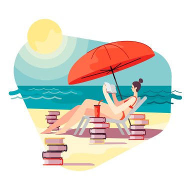 Tatili sırasında sahilde kitap okumaktan zevk aldığım genç bir kadın. Deniz kenarında güneşli bir gün.