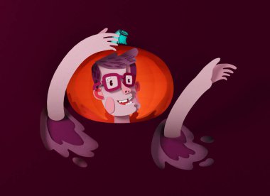 Cadılar Bayramı kostümü giymiş, Jack O 'Lantern' in kafasında balkabağı ve elleri havada genç bir adam. 3d illüstrasyon