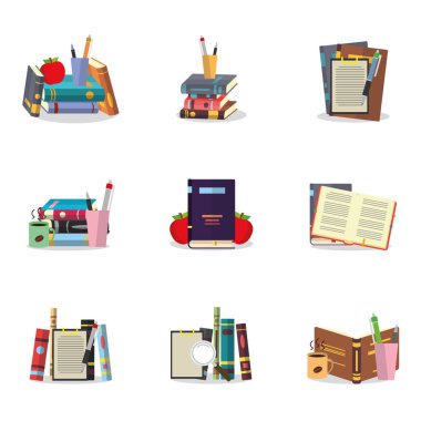 Renkli kitap simgelerinin koleksiyonu.