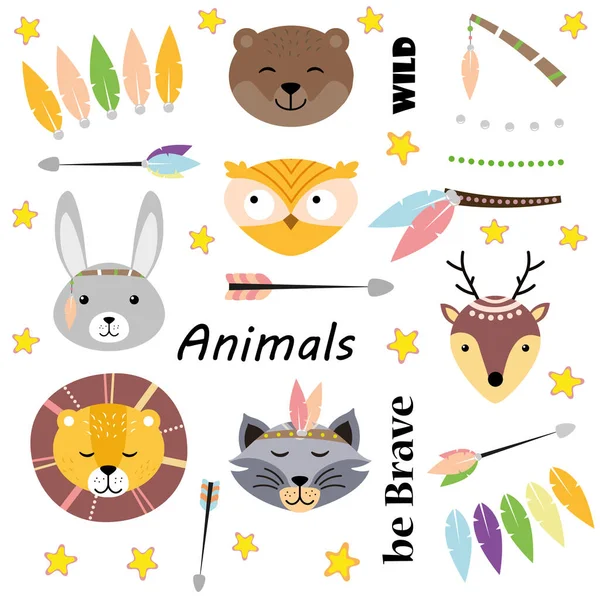 Caras animales lindos — Vector de stock