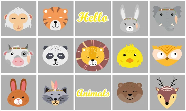 Caras animales lindos — Vector de stock