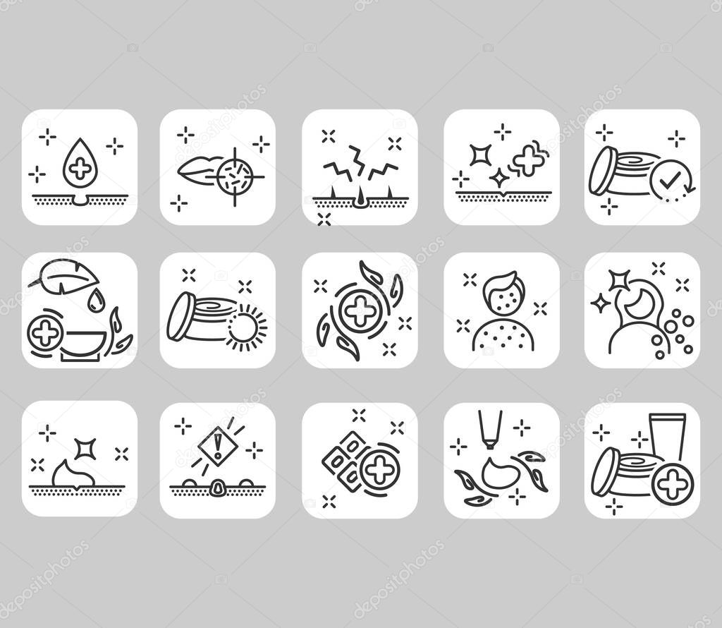No artificial colors, organic leaf line icons. dermatology icon. Cosmetology. Skin care.