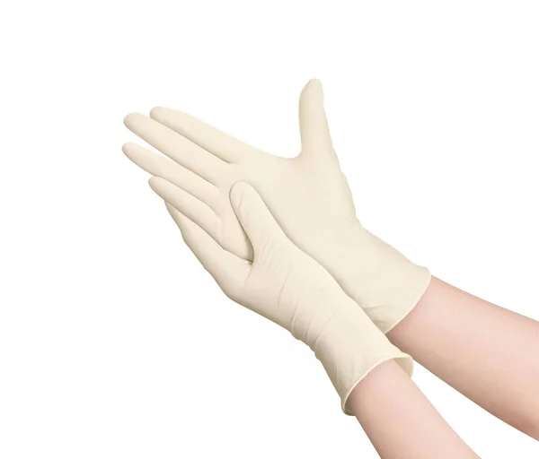 Two Yellow Surgical Medical Gloves Isolated White Background Hands Rubber — Stock Photo, Image