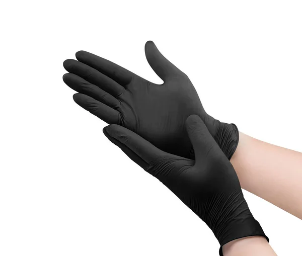 Zwei Schwarze Chirurgische Handschuhe Isoliert Auf Weißem Hintergrund Mit Händen — Stockfoto