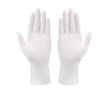 Beyaz arka planda elleri ile izole edilmiş iki beyaz tıbbi eldiven. Lastik eldiven üretimi, insan eli lateks eldiven giyiyor. Doktor ya da hemşire azot koruyucu eldiven takıyor.