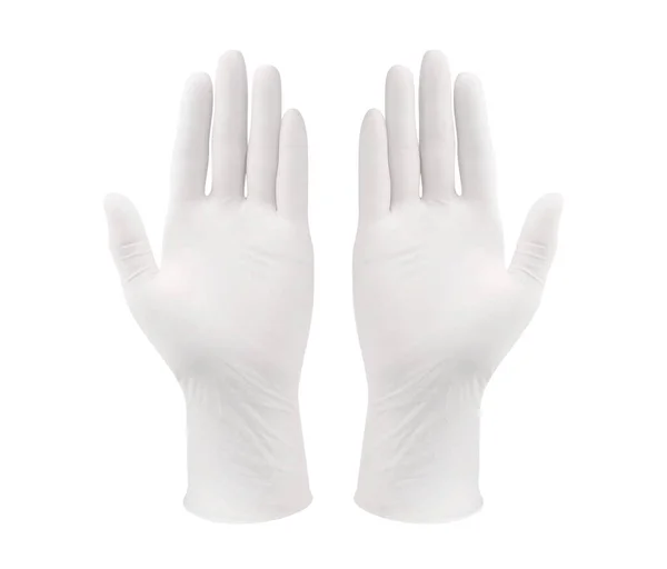 Dwie Białe Chirurgiczne Rękawice Medyczne Odizolowane Dłońmi Białym Tle Wytwarzanie — Zdjęcie stockowe