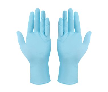 Tıbbi nitril eldivenler. İki mavi ameliyat eldiveni, beyaz arka planda, elleri ile izole edilmiş. Lastik eldiven üretimi, insan eli lateks eldiven giyiyor. Doktor ya da hemşire koruyucu eldiven takıyor.