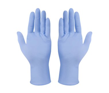 Medical nitrile gloves.Two blue surgical gloves isolated on white background with hands. Rubber glove manufacturing, human hand is wearing a latex glove. Doctor or nurse putting on protective gloves clipart