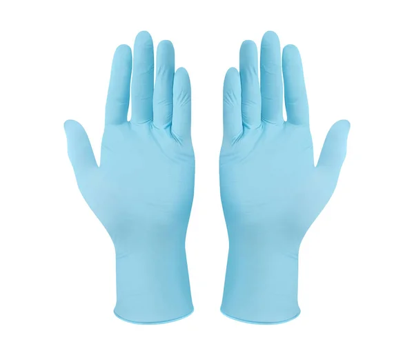 Tıbbi nitril eldivenler. İki mavi ameliyat eldiveni, beyaz arka planda, elleri ile izole edilmiş. Lastik eldiven üretimi, insan eli lateks eldiven giyiyor. Doktor ya da hemşire koruyucu eldiven takıyor.