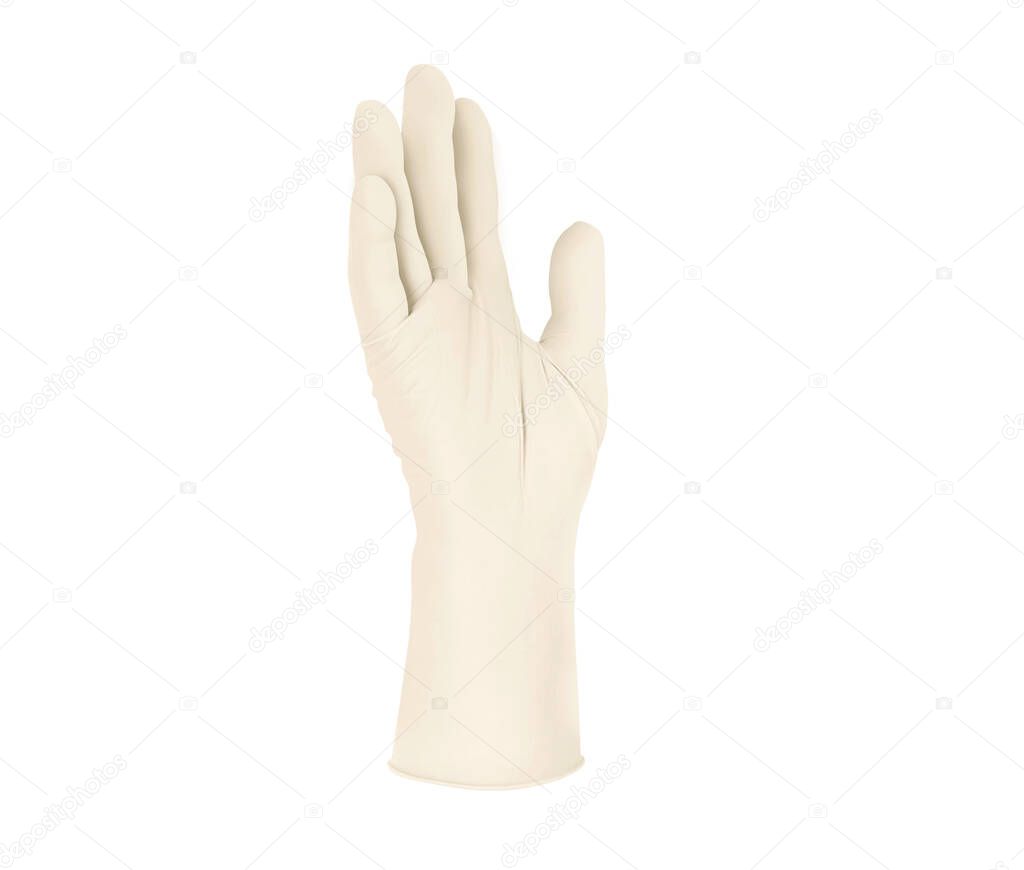 Two yellow surgical medical gloves isolated on white background with hands. Rubber glove manufacturing, human hand is wearing a latex glove. Doctor or nurse putting on nitrile protective gloves