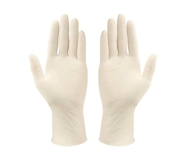 İki sarı tıbbi eldiven, beyaz arka planda, elleri ile izole edilmiş. Lastik eldiven üretimi, insan eli lateks eldiven giyiyor. Doktor ya da hemşire azot koruyucu eldiven takıyor.