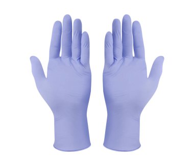 Tıbbi nitril eldivenler. İki mor cerrahi eldiven, beyaz arka planda, elleri ile izole edilmiş. Lastik eldiven üretimi, insan eli lateks eldiven giyiyor. Doktor ya da hemşire koruyucu eldiven takıyor.