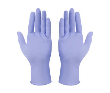 Tıbbi nitril eldivenler. İki mor cerrahi eldiven, beyaz arka planda, elleri ile izole edilmiş. Lastik eldiven üretimi, insan eli lateks eldiven giyiyor. Doktor ya da hemşire koruyucu eldiven takıyor.