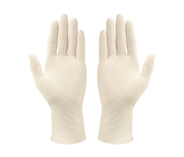 Zwei Gelbe Chirurgische Handschuhe Isoliert Auf Weißem Hintergrund Mit Händen — Stockfoto