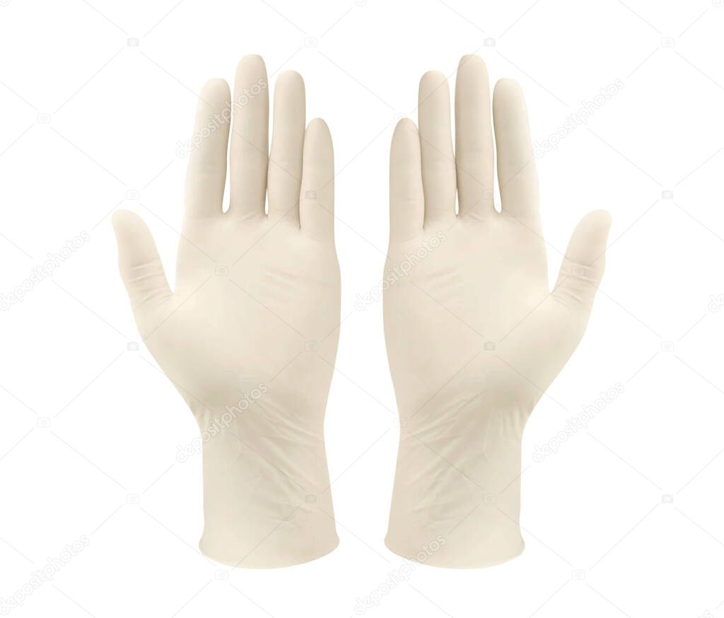 Two yellow surgical medical gloves isolated on white background with hands. Rubber glove manufacturing, human hand is wearing a latex glove. Doctor or nurse putting on nitrile protective gloves