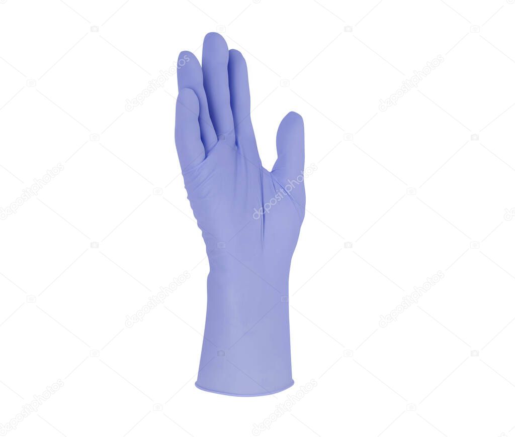Medical nitrile gloves.Two purple surgical gloves isolated on white background with hands. Rubber glove manufacturing, human hand is wearing a latex glove. Doctor or nurse putting on protective gloves