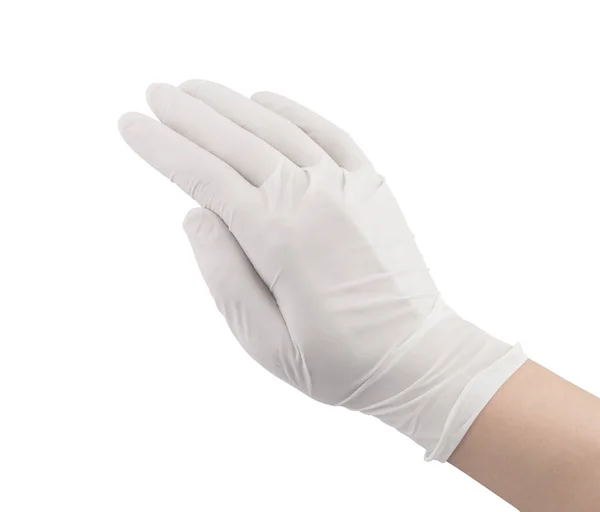 白い背景に手で隔離された白い外科用医療用手袋 ゴム手袋製造 人間の手はラテックス手袋を着用している 医師または看護師は ニトリル保護手袋を着用 — ストック写真
