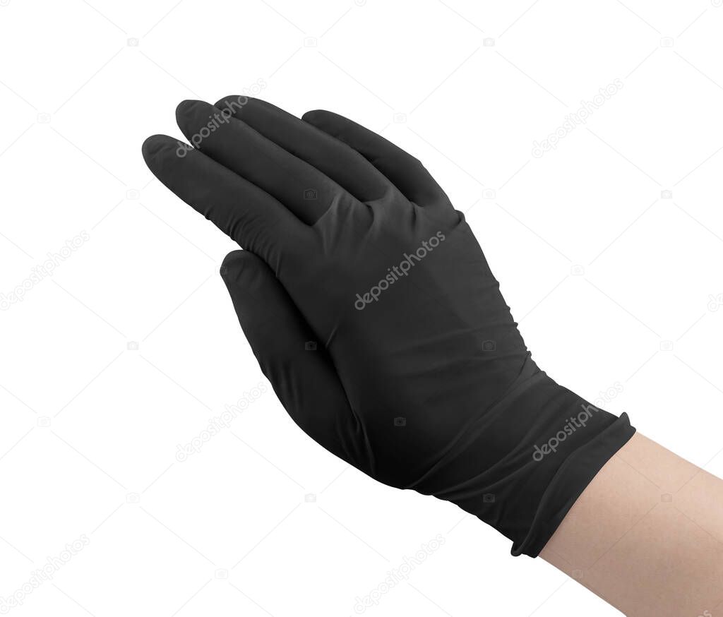 Black surgical medical gloves isolated on white background with hands. Rubber glove manufacturing, human hand is wearing a latex glove. Doctor or nurse putting on nitrile protective gloves