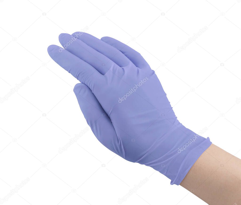 Medical nitrile gloves.Purple surgical gloves isolated on white background with hands. Rubber glove manufacturing, human hand is wearing a latex glove. Doctor or nurse putting on protective gloves