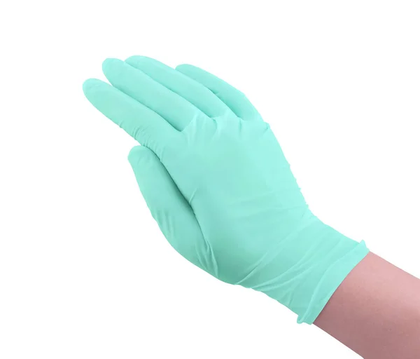 医用硝酸盐手套 两个绿色手术手套 双手隔离在白色背景上 橡胶手套制造 人的手戴着胶乳手套 医生或护士戴防护手套 — 图库照片
