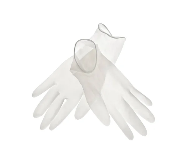 手で白い背景に隔離された2つの白い外科用医療用手袋 ゴム手袋製造 人間の手はラテックス手袋を着用している 医師または看護師は ニトリル保護手袋を着用 — ストック写真