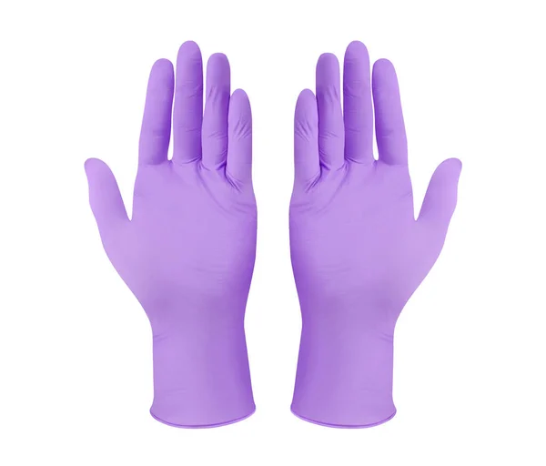 Два Фиолетовых Хирургических Перчатки Изолированы Белом Фоне Руками Изготовление Резиновых — стоковое фото