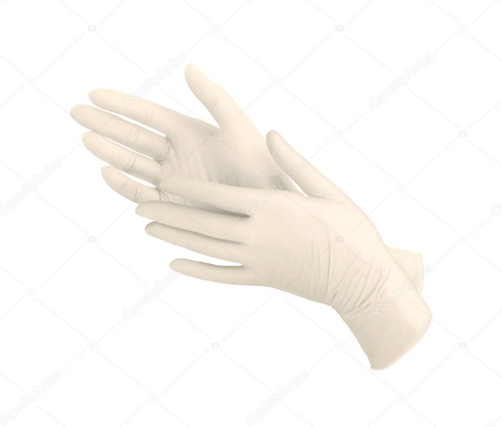 Medical nitrile gloves.Two yellow surgical gloves isolated on white background with hands. Rubber glove manufacturing, human hand is wearing a latex glove. Doctor or nurse putting on protective gloves