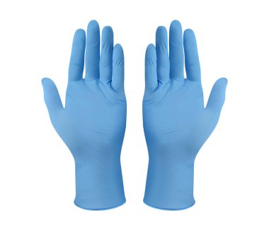 Tıbbi nitril eldivenler. İki mavi ameliyat eldiveni, beyaz arka planda, elleri ile izole edilmiş. Lastik eldiven üretimi, insan eli lateks eldiven giyiyor. Doktor ya da hemşire koruyucu eldiven takıyor.