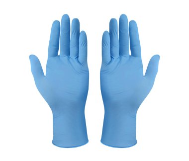 Medical nitrile gloves.Two blue surgical gloves isolated on white background with hands. Rubber glove manufacturing, human hand is wearing a latex glove. Doctor or nurse putting on protective gloves clipart