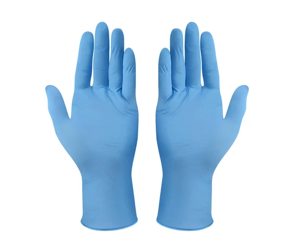 Tıbbi nitril eldivenler. İki mavi ameliyat eldiveni, beyaz arka planda, elleri ile izole edilmiş. Lastik eldiven üretimi, insan eli lateks eldiven giyiyor. Doktor ya da hemşire koruyucu eldiven takıyor.