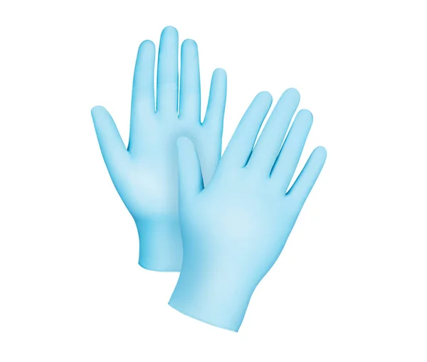 Медицинские Перчатки Две Синие Хирургические Перчатки Белом Фоне Руками Изготовление — стоковое фото