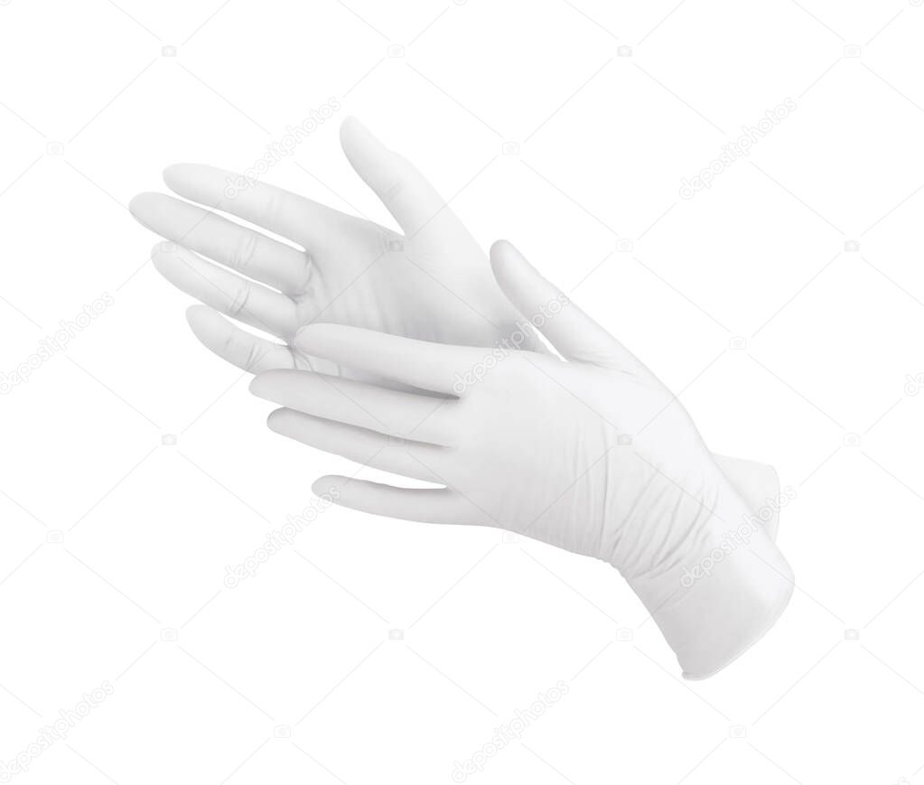 Medical gloves.Two white surgical gloves isolated on white background with hands. Rubber glove manufacturing, human hand is wearing a latex glove. Doctor or nurse putting on protective gloves
