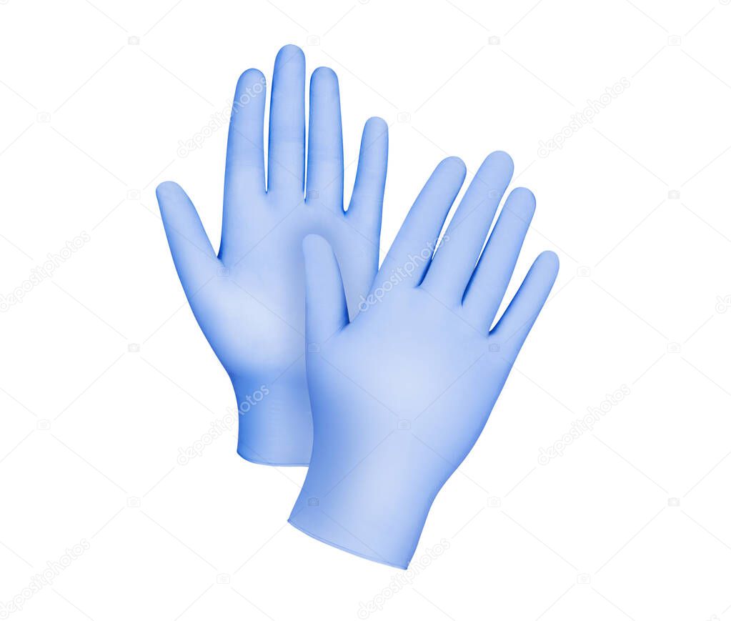 Medical gloves.Two blue surgical gloves isolated on white background with hands. Rubber glove manufacturing, human hand is wearing a latex glove. Doctor or nurse putting on protective gloves