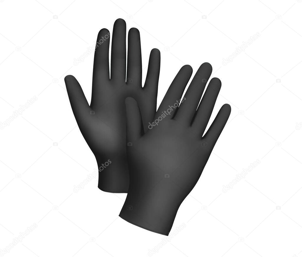 Medical gloves.Two black surgical gloves isolated on white background with hands. Rubber glove manufacturing, human hand is wearing a latex glove. Doctor or nurse putting on protective gloves
