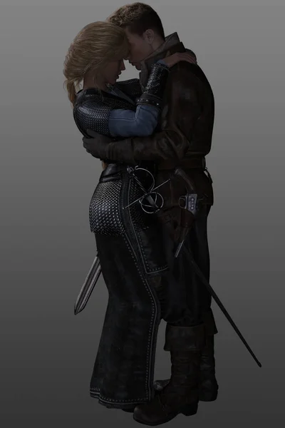 3 D render of a male and female warrior, wearing armour and carrying weapons, isolated on a grey background.