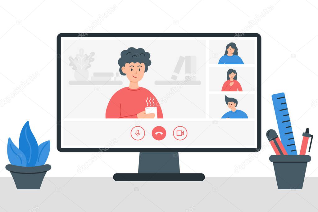 Video conference illustration. Stay and work from home. Colleagues talk to each other on the computer screen. Online meeting work form home. Stream, web chatting, online meeting friends.