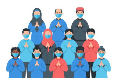 Koruyucu tıbbi maskeli insanlar. Virüsü önlemek ve korumak için koruyucu yüz maskesi takan bir grup insan. Virüsten korunan kadın ve erkek.