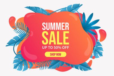 Güzel yaz indirimi geçmişi. Yaz afişi, tropikal yapraklı soyut geometrik arkaplan yaz şablonu.