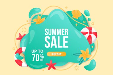 Güzel yaz indirimi geçmişi. Yaz afişi, deniz yıldızı, tropikal yapraklar ve çiçeklerle soyut geometrik arka plan şablonu.