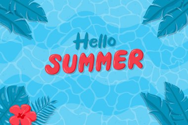 Plajda tropikal yapraklar ve çiçekler olan yaz arkaplanı. El çizimi merhaba yaz arkaplanı.