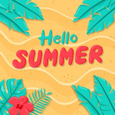El çizimi merhaba yaz arkaplanı. Plajda tropikal yapraklar ve çiçekler olan yaz arkaplanı.
