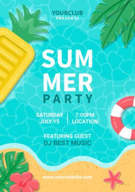 Yaz partisi posteri. Okyanus manzarasında tipografik elementlere sahip yaz plajı parti broşürü tasarımı. 