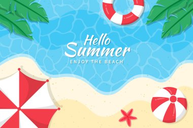 Güzel Hello Summer geçmişi. Yaz arkaplanı şemsiyeler, plaj topları, deniz yıldızı ve tropikal yapraklar..